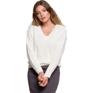 Klasyczny Sweter z Dekoltem w Szpic - Ecru. Brązowe swetry klasyczne MOE, l, z materiału, bez kołnierzyka. Za 208,90 zł.