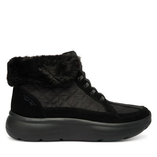 Trzewiki Skechers. Czarne botki Skechers, bez wzorów, bez obcasa, na płaskiej podeszwie, bez zapięcia. Za 399,99 zł.