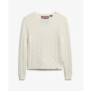 Sweter z cienkimi warkoczami, klasyczny, okrągły dekolt, damski Superdry. Białe swetry klasyczne Superdry, na zimę, ze splotem, bez kołnierzyka. Za 224,50 zł.