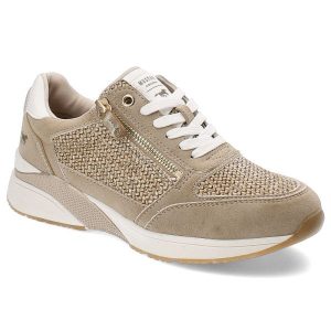 Beżowe Sneakersy Mustang Modne Obuwie Damskie. Brązowe czółenka Mustang, bez wzorów, bez obcasa, na koturnie, bez zapięcia. Za 329,00 zł.