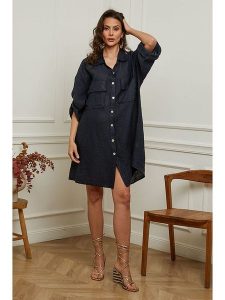 Plume Lniana sukienka "Calizia" w kolorze granatowym rozmiar: XL. Niebieskie sukienki Plume, xl, bez wzorów, ze lnu, bez kołnierzyka, bez ramiączek, mini. Za 210,81 zł.