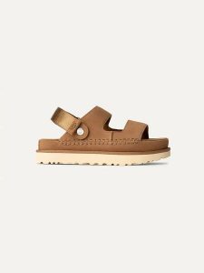 UGG Skórzane sandały "Golden Glide" w kolorze jasnobrązowym rozmiar: 37. Brązowe sandały Ugg, bez wzorów, ze skóry, z otwartym noskiem, bez obcasa, bez zapięcia. Za 503,95 zł.