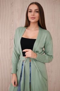 Sweter długi kardigan wiązany w talii ciemny miętowy. Zielone długie swetry KESI, l, z wełny, bez kołnierzyka, plus size. Za 178,78 zł.