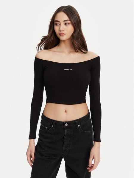 Guess Bluzka V5YP07 K8RT2 Czarny Regular Fit. Czarne bluzki Guess, l, z aplikacjami, z wiskozy, bez kołnierzyka, bez ramiączek. Za 109,99 zł.