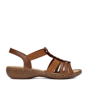 Sandały Rieker. Brązowe sandały Rieker, bez wzorów, bez obcasa, na płaskiej podeszwie, bez zapięcia. Za 299,99 zł.