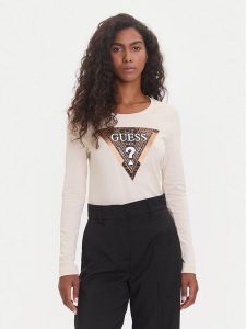 Guess Bluzka W5BI75 J1314 Beżowy Regular Fit. Brązowe bluzki Guess, xs, z aplikacjami, z bawełny, bez kołnierzyka, bez ramiączek. Za 199,99 zł.