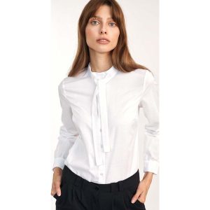 Biała Koszulowa Bluzka z Wiązaniem pod Szyją - Biała. Białe bluzki Nife, l, bez wzorów, z bawełny, bez kołnierzyka, bez ramiączek. Za 169,90 zł.