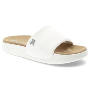 Białe Klapki Rieker Wygodne Obuwie Damskie. Białe klapki Rieker, bez wzorów, bez obcasa. Za 224,90 zł.