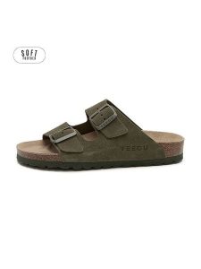 Teegu Skórzane klapki w kolorze khaki rozmiar: 40. Brązowe klapki teegu, bez wzorów, z otwartym noskiem, bez obcasa. Za 130,99 zł.