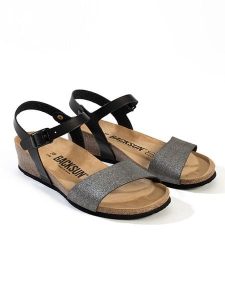 BACKSUN Sandały "Calabria" w kolorze srebrno-czarnym na koturnie rozmiar: 37. Czarne sandały Backsun, bez wzorów, z materiału, z otwartym noskiem, bez obcasa, na koturnie, bez zapięcia. Za 173,99 zł.