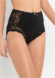 Figi z wysoką talią z delikatną koronką. Czarne figi bonprix, z aplikacjami, z koronki. Za 42,99 zł.