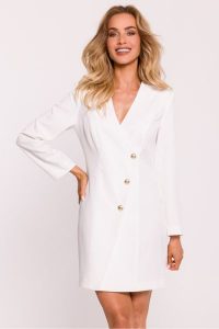 Elegancka sukienka żakietowa z dekoltem V i guzikami ecru. Sukienki MOE, l, bez wzorów, eleganckie, bez kołnierzyka, bez ramiączek. Za 399,00 zł.