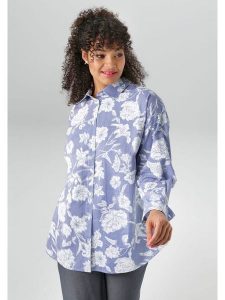 Aniston Bluzka w kolorze niebiesko-białym rozmiar: 44. Białe bluzki Aniston, bez wzorów, z bawełny, bez kołnierzyka, bez ramiączek. Za 78,28 zł.