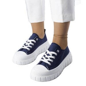 Granatowe trampki na platformie Bellemare niebieskie. Niebieskie trampki bez wzorów, z gumy, bez zapięcia. Za 78,89 zł.