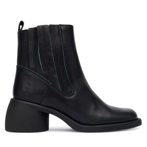 Botki Fly London. Czarne botki Fly London, bez wzorów, bez obcasa, na słupku, bez zapięcia. Za 579,99 zł.