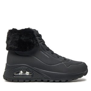 Trzewiki Skechers. Czarne botki Skechers, bez wzorów, bez obcasa, na płaskiej podeszwie, bez zapięcia. Za 329,99 zł.