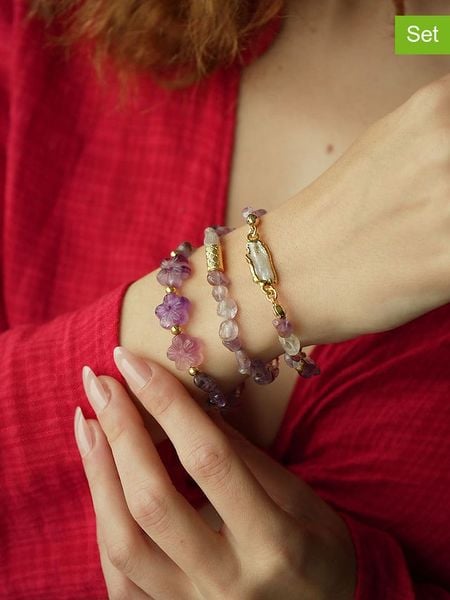 Pierres delicates Pozłacane bransoletki (3 szt.) z ametystami rozmiar: onesize. Różowe bransoletki Pierres delicates, z ametystem, pozłacane. Za 61,45 zł.