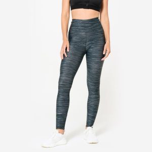 Legginsy fitness damskie Domyos w panterkę melanż. Szare legginsy DOMYOS, bez wzorów, z elastanu, z podwyższonym stanem. Za 69,99 zł.