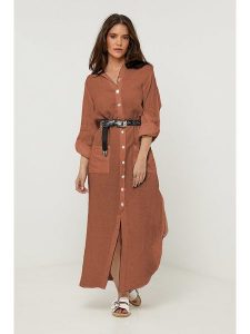 Rodier Lin Lniana sukienka w kolorze brązowym rozmiar: M/L. Brązowe sukienki Rodier Lin, l, bez wzorów, ze lnu, bez kołnierzyka, bez ramiączek, maxi. Za 184,46 zł.