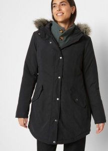 Parka z zamkami z boku do regulacji obwodu. Czarne kurtki bonprix, bez wzorów, z kapturem. Za 279,99 zł.
