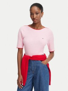 Tommy Hilfiger Sweter Fine Gg Cable Boat WW0WW50103 Różowy jasny Regular Fit. Czerwone swetry klasyczne TOMMY HILFIGER, s, z bawełny, bez kołnierzyka. Za 489,99 zł.