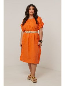 Curvy Lady Lniana sukienka w kolorze pomarańczowym rozmiar: 40/42. Pomarańczowe sukienki Curvy Lady, na co dzień, bez wzorów, ze lnu, klasyczne, bez kołnierzyka, bez ramiączek, midi, proste. Za 197,63 zł.