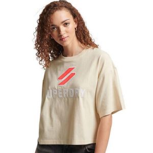 Koszulka turystyczna damska Superdry Code Sl Stacked Apq Boxy. Brązowe koszulki sportowe Superdry, bez wzorów, z bawełny, bez ramiączek. Za 81,00 zł.