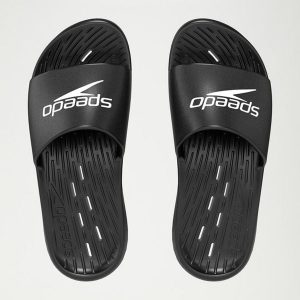 Klapki basenowe antypoślizgowe damskie Speedo Slides. Czarne klapki Speedo, bez wzorów, z materiału, bez obcasa. Za 68,59 zł.