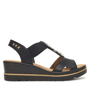 Sandały Rieker. Czarne sandały Rieker, bez wzorów, bez obcasa, na koturnie, bez zapięcia. Za 319,99 zł.