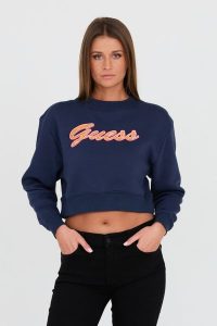 GUESS Granatowa bluza. Niebieskie bluzy Guess, xs, z aplikacjami, bez kaptura. W wyprzedaży za 199,99 zł.