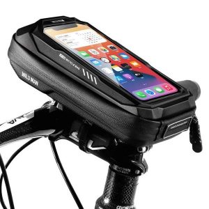 Torba na kierownicę rowerową z dotykowym uchwytem na telefon WILD MAN. Czarne torby podróżne i sportowe WILDMAN, z aplikacjami, z materiału, małe. Za 129,92 zł.