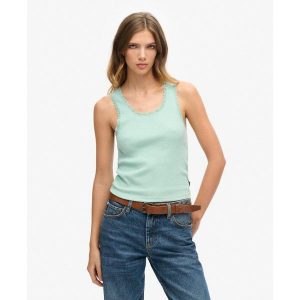 Top z koronką vintage z organicznej bawełny. Zielone topy Superdry, bez wzorów, z bawełny, vintage, bez kołnierzyka, bez ramiączek. Za 105,75 zł.