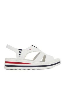 Rieker Sandały CEO-V02Y5-80 Biały. Białe sandały Rieker, bez wzorów, z materiału, bez obcasa, na koturnie, bez zapięcia. Za 319,99 zł.
