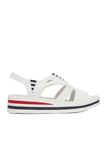 Rieker Sandały CEO-V02Y5-80 Biały. Białe sandały Rieker, bez wzorów, z materiału, bez obcasa, na koturnie, bez zapięcia. Za 319,99 zł.