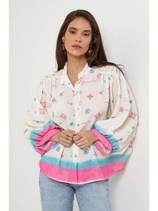 Rodier Lin Lniana bluzka w kolorze biało-różowym rozmiar: XL/XXL. Białe bluzki Rodier Lin, xl, bez wzorów, ze lnu, bez kołnierzyka, bez ramiączek. Za 166,88 zł.