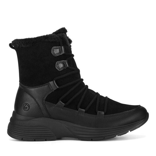 Trzewiki Remonte. Czarne botki Remonte, bez wzorów, bez obcasa, na płaskiej podeszwie, bez zapięcia. Za 375,99 zł.