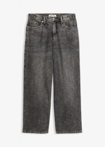Jeansy o kroju baggy mid waist, super soft, cropped. Szare spodnie z wysokim stanem bonprix, bez wzorów, z denimu, krótkie. Za 74,99 zł.