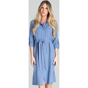 Koszulowa sukienka szmizjerka z podpinanym rękawem 3/4 niebieska. Niebieskie sukienki Sukienki.shop, do pracy, m, bez wzorów, biznesowe, bez kołnierzyka, bez ramiączek, koszulowe. Za 199,00 zł.