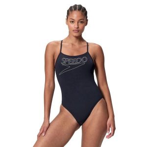 Strój kąpielowy damski Speedo End+ Logo Thin Strap. Czarne stroje jednoczęściowe Speedo, bez wzorów. Za 195,49 zł.