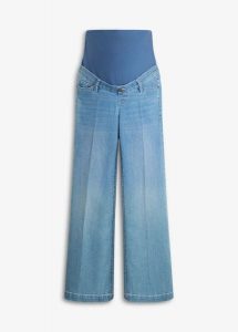 Szerokie jeansy ciążowe z elastycznego denimu, pełna długość. Niebieskie jeansy bonprix, bez wzorów, z denimu. Za 179,99 zł.