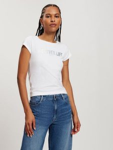 Cross Jeans Koszulka w kolorze białym rozmiar: L. Białe bluzki Cross Jeans, l, bez wzorów, z bawełny, bez kołnierzyka, bez ramiączek. Za 57,06 zł.