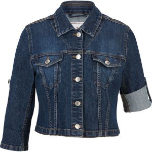 Krótka kurtka dżinsowa, rękawy 3/4. Niebieskie kurtki bonprix, bez wzorów, bez kaptura. Za 154,99 zł.
