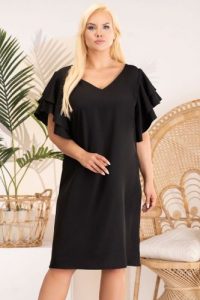 Sukienka wieczorowa z ozdobnymi rękawami ELIANA czarna. Czarne sukienki KARKO, na imprezę, na lato, plus size, bez wzorów, z elastanu, eleganckie, bez kołnierzyka, plus size, bez ramiączek, midi, kopertowe. Za 89,50 zł.