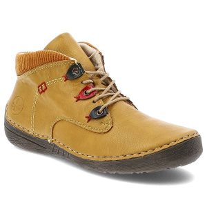 Żółte Botki Rieker Wygodne Obuwie Damskie. Żółte botki Rieker, bez wzorów, z materiału, bez obcasa, bez zapięcia. Za 314,99 zł.