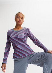 Prążkowana bluzka z bawełny organicznej. Niebieskie bluzki bonprix, bez wzorów, z bawełny, bez kołnierzyka, bez ramiączek. Za 59,99 zł.