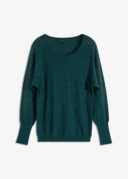 Cienki sweter z aplikacją ze sztrasów. Zielone swetry klasyczne bonprix, bez kołnierzyka. Za 124,99 zł.