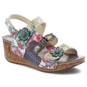 Kolorowe Sandały Laura Vita Eleganckie Obuwie Damskie Na Koturnie. Sandały LAURA VITA, z aplikacjami, z materiału, bez obcasa, na koturnie, bez zapięcia. Za 359,00 zł.