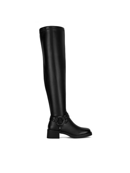 Nine West Kozaki HY96158-15 Czarny. Czarne kozaki Nine West, bez wzorów, z materiału, bez obcasa, na słupku, bez zapięcia. Za 299,99 zł.