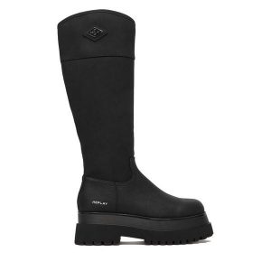 Kozaki REPLAY. Czarne kozaki Replay, bez wzorów, bez obcasa, na płaskiej podeszwie, bez zapięcia. Za 709,99 zł.