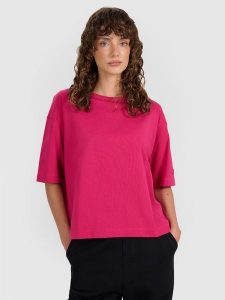 4F T-shirt oversize gładki damski - różowy XL. Czerwone t-shirty 4f, xl, bez wzorów, z bawełny, bez kołnierzyka, bez ramiączek. Za 59,99 zł.